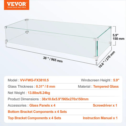 Glass Wind Guard For Fire Pit 38 X 10.5 X 6 Inches, Rectangular Tempered Shield with dimensions and specifications shown.