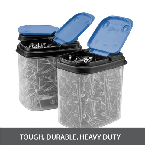 Stackable Clear Hardware Storage Bins Set With Blue Lids 1 Quart 8 Pack For Bolts Screws Nuts And Small Parts In Garage Or Workshop