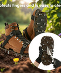 Two Pairs Lawn Aerator Shoes with hook and loop straps and spiked soles on soil, gardening tool cleaning spikes