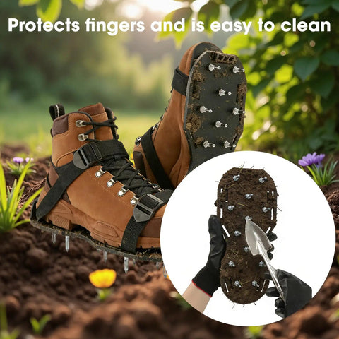 Two Pairs Lawn Aerator Shoes with hook and loop straps and spiked soles on soil, gardening tool cleaning spikes