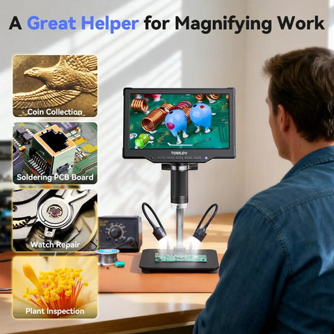 Man using Large 10.1 Inch Digital Microscope With 178 Degree View, 1080P 1200X Magnification For Ultra Detail at desk