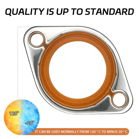 Reusable Thermostat Water Neck Housing Gasket With One Eighth Inch Beefy Aluminum Carrier And Molded Silicone Insert Heavy Duty Chevy SBC BBC Engine Water Pump Seal Replacement Orange, front view