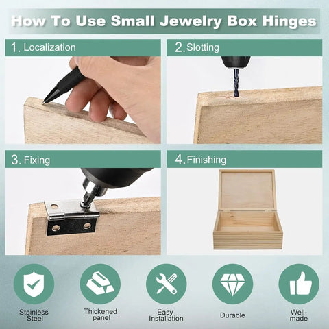 Step-by-step guide on installing hinges for jewelry boxes, showing drilling and fixing with screws, featuring 20 Piece Stainless Steel Folding Hinge Set For Cabinets And Boxes 1 Inch No Fuss Installation Includes 80 Stainless Screws Premium 304 Stainless Steel Rust Resistant Easy To Install With Screws Opening Size 1.02 x 0.98 x 0.03 Inches