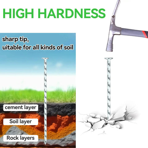 Illustration showing Heavy-Duty Galvanized Landscape Stakes With Gasket Caps, 6.3 Inch Garden Spikes for tough soil, cement, and rocks.