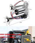 Badass 12 Volt Dual Trumpet Car Air Horn And Electric Train Horn Kit With Compressor, dual horns measuring 8.5x2.8x6.1 inches.