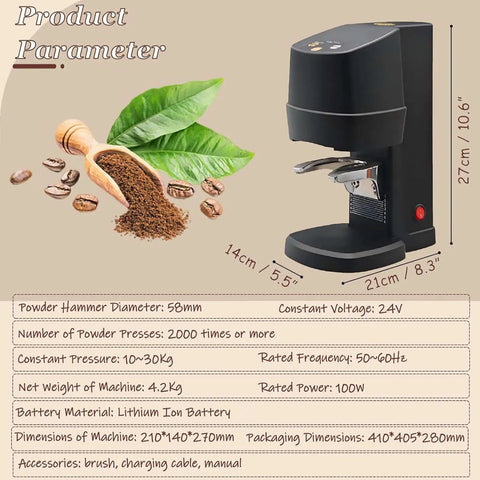 Automatic Electric Espresso Tamper for 58mm Portafilters, showcasing design and dimensions of the pro-grade coffee tool.
