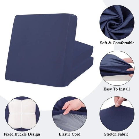 Elastic Patio Cushion Covers Set Of 12 Waterproof Outdoor Chair Cushions Slipcovers detail, showing navy blue and fixed buckle design.