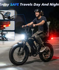 Adult Electric Bike, 750W Motor 1500W Peak Power, illuminated at night with LED headlamp, safe for commuting and trails.