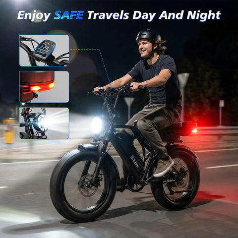 Adult Electric Bike, 750W Motor 1500W Peak Power, illuminated at night with LED headlamp, safe for commuting and trails.