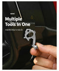 Stainless Steel Keychain Tool Pocket Multi Tool 6 Pack With Bottle Opener And Hex Wrench Cutouts held by hand