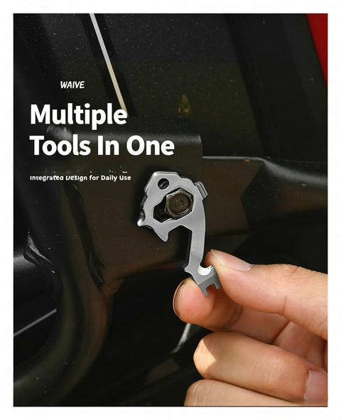 Stainless Steel Keychain Tool Pocket Multi Tool 6 Pack With Bottle Opener And Hex Wrench Cutouts held by hand