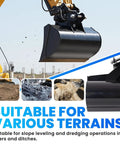 Ultimate Tough-as-Nails Mini Excavator Hydraulic Bucket Attachment Bundle showcasing bucket in action, ideal for terrain leveling