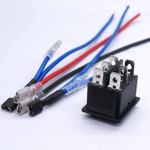 12V Polarity Reverse Switch Momentary DPDT Rocker Toggle With 6 Pins, ON OFF ON Action, Auto Reset, RV Jack Motor Control, Jumper Wires Included, 16A 250V AC or 20A 125V AC, Great For RVs. Black 6-pin switch with jumper wires