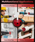 1-1/2 Inch PVC Pipe Reamer And Fitting Saver in use for DIY plumbing repairs, featuring drill attachment on pipes, for drainage and vent lines.