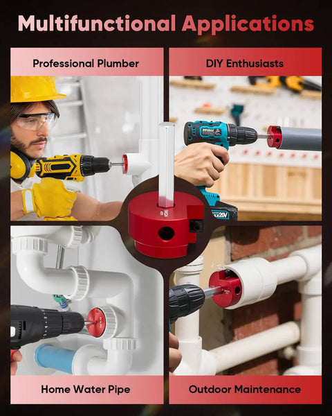 1-1/2 Inch PVC Pipe Reamer And Fitting Saver in use for DIY plumbing repairs, featuring drill attachment on pipes, for drainage and vent lines.