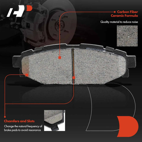 Close-up of ceramic pad in 10.78 Inch Rear Solid Disc Brake Rotors And Ceramic Pads Kit For Subaru Crosstrek 2016 2020 Forester 2014 2018 Impreza 2012 2020 XV Crosstrek 2013 2015 Dope Performance Brake Upgrade showcasing chamfers, slots, and texture.