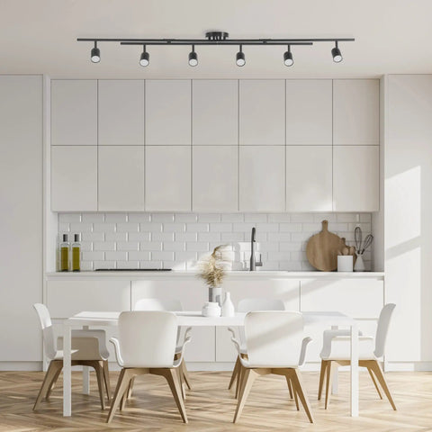 6 Light Foldable LED Integrated Track Lighting Slick Matte Black With Center Swivel Heads in modern kitchen setting