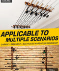 Holds Up To 12 Fishing Rods, Wall Or Ceiling Mounted Rod Rack displayed on ceiling and wall for garage storage