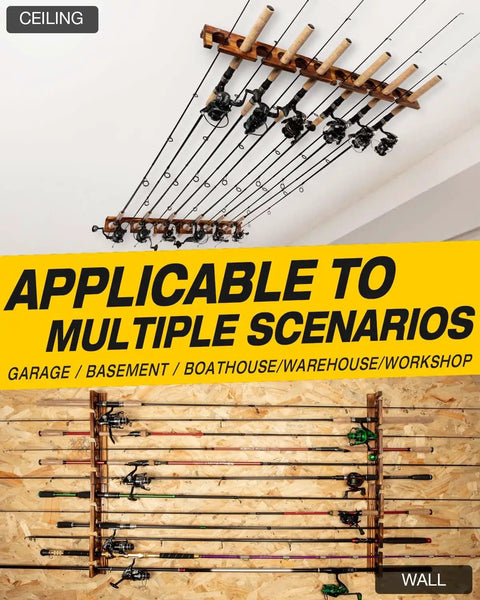 Holds Up To 12 Fishing Rods, Wall Or Ceiling Mounted Rod Rack displayed on ceiling and wall for garage storage