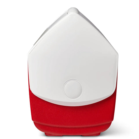 Front view of Playmate Portable Cooler With Tent Top Design, Push Button One Hand Lid Operation, Left Or Right Swing Lid For Easy Access, Spill Proof Secure Lid, Red Ice Chest For Beach, Camping, Road Trips.