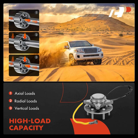 Front Wheel Bearing And Hub Assembly With ABS For Ford Expedition 2018 To 2020 F 150 2018 To 2020 Lincoln Navigator 2018 To 2020 RWD 6 Lug High Load Capacity Roller Bearing Direct Replacement For A Quiet, Smooth Ride; desert driving scene with assembly diagram