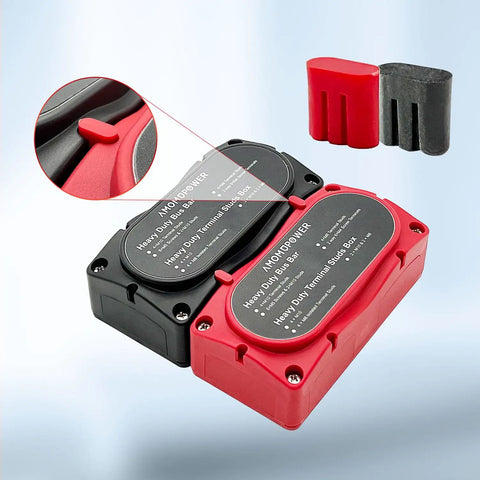 Heavy Duty 300A Bus Bar For Rock Solid 12V Power Distribution With Four M8 Studs Waterproof Junction Block, black and red terminals.