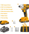20V Cordless Brushless Impact Driver Set with 1/4 Inch Drive, batteries, fast charger, sockets, and carry bag displayed