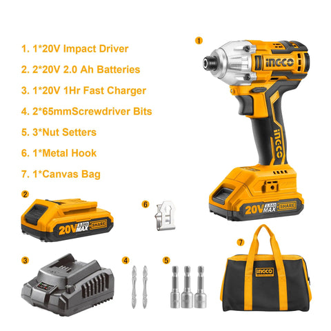 20V Cordless Brushless Impact Driver Set with 1/4 Inch Drive, batteries, fast charger, sockets, and carry bag displayed