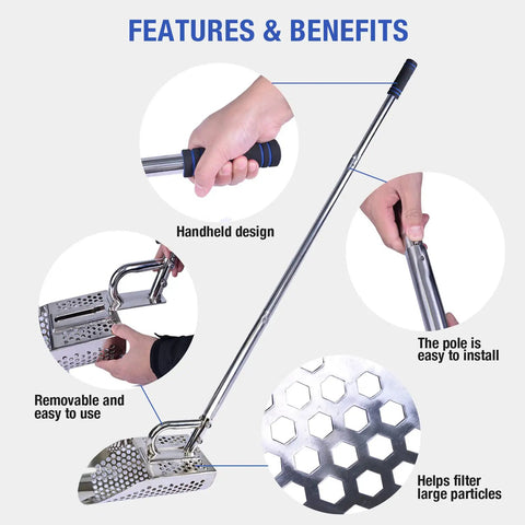 Features of Stainless Steel Sand Scoop For Metal Detecting Adjustable Handheld Treasure Hunter Shovel With Long Heavy Duty Pole