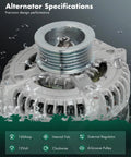 Beefed Up 12V 160A CW Six Groove Car Alternator Replacement for Dodge Ram 1500 2009 2010 close-up with specifications