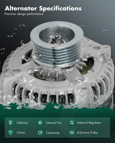 Beefed Up 12V 160A CW Six Groove Car Alternator Replacement for Dodge Ram 1500 2009 2010 close-up with specifications