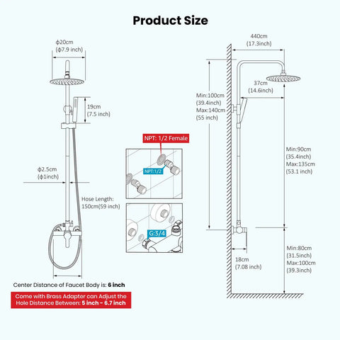 Diagram of the Outdoor Shower Kit With 304 Stainless Steel 8 Inch Shower Head And 2 In 1 Cylinder Handheld Spray Dual Function Easy Install Wall Mount Faucet Matte Black Weatherproof Finish showing dimensions and installation details.