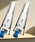 Pair of heavy duty full extension drawer slides with locking mechanism, detachable for easy removal, 850mm length on wooden surface