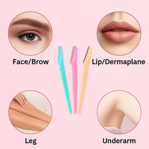 3 Piece Unisex Eyebrow Razor Kit Makes Quick Work Of Stubborn Facial Hair While Doubling As A Smooth Dermaplaning Tool That Leaves Your Complexion Looking Fresh And Flawless, featuring colors for various uses.