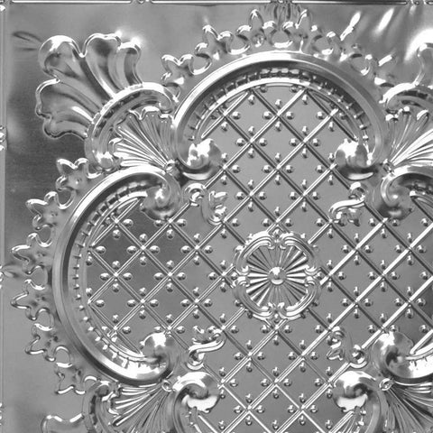 Two By Two Foot Tin Plated Steel Wall And Ceiling Pattern Panels Nail Up Kit With Nails Recycled USA Made Unfinished Metal Panels Ready For Oil Based Paint Durable DIY Industrial Style Decor close-up view.