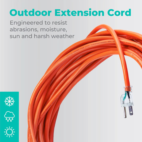 Heavy Duty Outdoor Extension Cord 50 Feet 16 AWG SJTW 16/3 Lighted Power Cord Bright Orange ETL listed coiled close-up