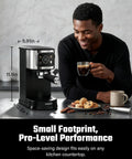 Professional Espresso Machine With Rapid Milk Frother And Pro Steam Wand For Silky Lattes And Bold Cappuccinos on countertop with man holding cup.