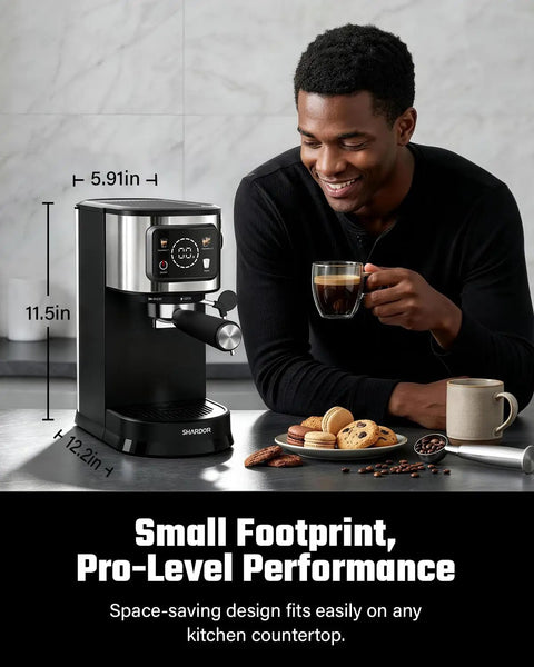 Professional Espresso Machine With Rapid Milk Frother And Pro Steam Wand For Silky Lattes And Bold Cappuccinos on countertop with man holding cup.