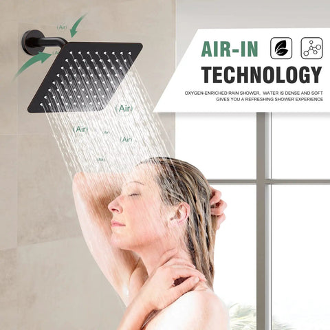 Oil Rubbed Bronze Shower Tub Kit With 8 Inch Rain Shower Head in use, demonstrating air-in technology in a modern bathroom setting.