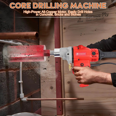 Beefy Diamond Core Drill Rig Handheld Wet And Dry Core Drilling Machine with threaded spindle drilling brick wall.
