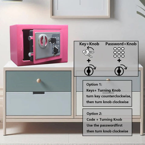Deluxe Digital Security Safe Box With Keypad Lock For Home Office Hotel And Biz Use Jewelry Cash And Gun Storage Pink Easy To Program Digital Lock With Two Emergency Keys For Quick Access And Tough Steel Build on a cabinet.