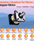 20 To 1 Planetary Gearbox Reducer For Nema 23 Stepper Motors shown with torque, reliability, precision features and specifications.