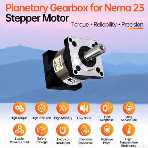 20 To 1 Planetary Gearbox Reducer For Nema 23 Stepper Motors shown with torque, reliability, precision features and specifications.