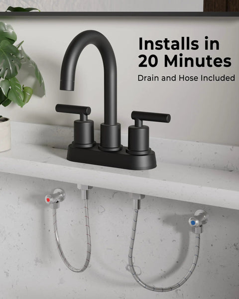 4 Inch Centerset Bathroom Faucet With Two Handles, No Leak Modern Black Lavatory Vanity Faucet on marble sink