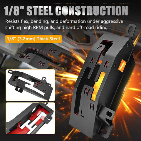 Heavy Duty Quick Shifter Gate For UTV Gear Shifter Upgrade For Can Am Maverick X3 And X3 Max Turbo R 2017 To 2025, 1/8 inch steel plate with H L N engraved, shown with fiery backdrop highlighting durability.
