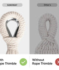 Comparison of hammock rope ends, one with a metal rope thimble and one without, illustrating different knot types.