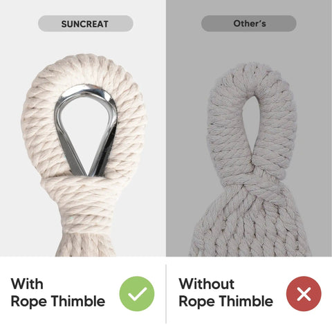 Comparison of hammock rope ends, one with a metal rope thimble and one without, illustrating different knot types.