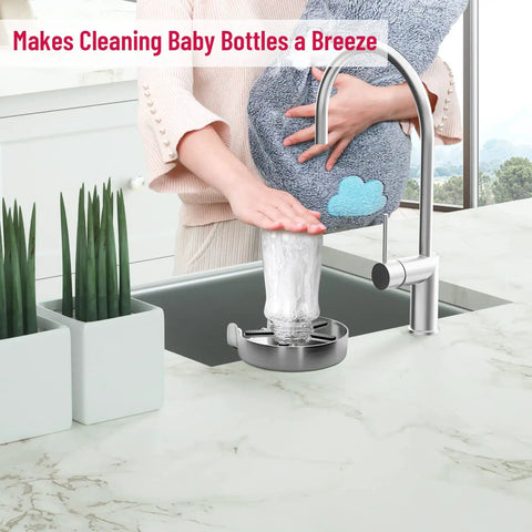 Person using Premium Stainless Steel Kitchen Sink Glass Rinser With Nine High Pressure Sprayer Holes for baby bottle cleaning