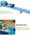 Mini blue wood lathe with extended bed and adjustable chuck; side view.