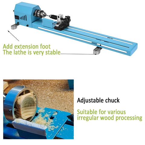 Mini blue wood lathe with extended bed and adjustable chuck; side view.